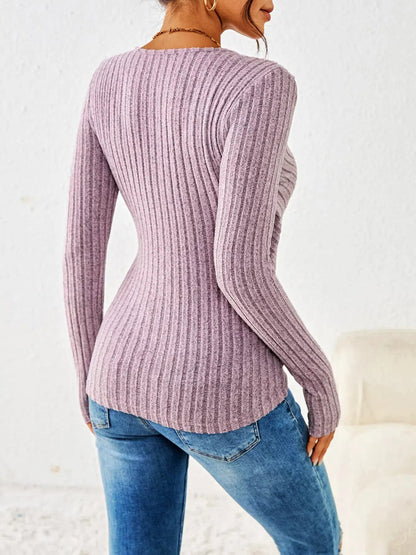 Ruched V Neck Long Sleeves Button Decor Top