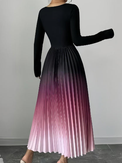 Gradient Pink Round Neck Long Sleeves Pleated A-Line Dress