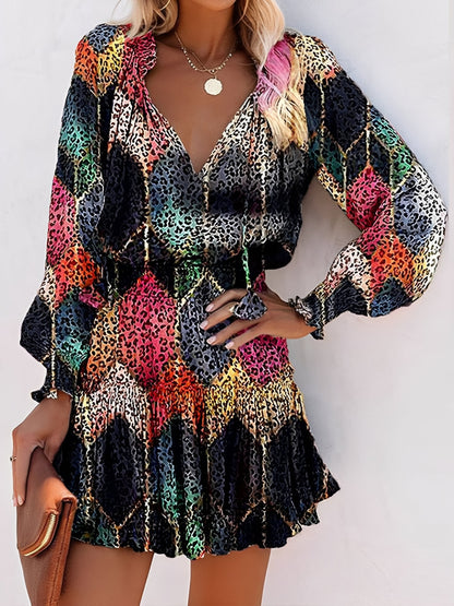 Leopard Print Mini Dress - V-Neck with Smocked Bodice & Ruffled Tiered Skirt