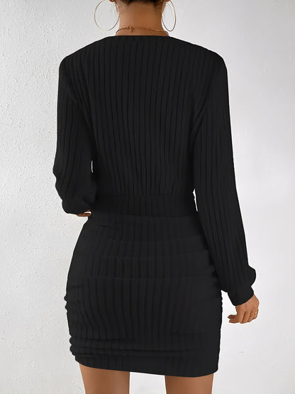 V Neck Textured Ruched Bodycon Mini Dress