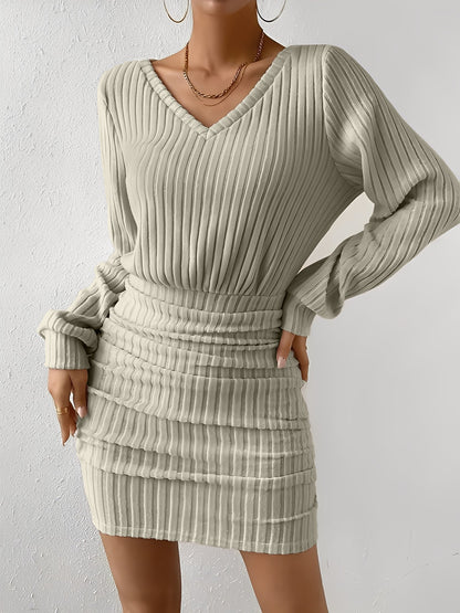 V Neck Textured Ruched Bodycon Mini Dress