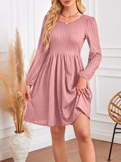 Round Neck Pockets Long Sleeve Textured A-Line Dress