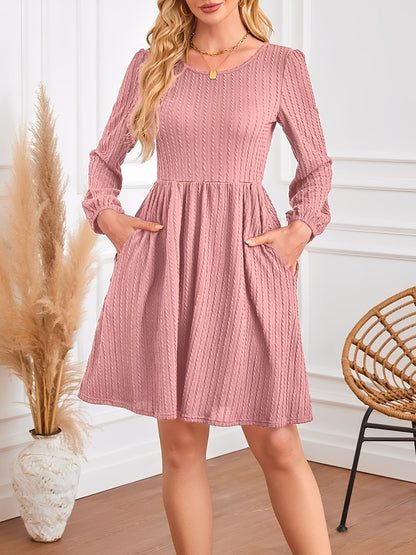 Round Neck Pockets Long Sleeve Textured A-Line Dress
