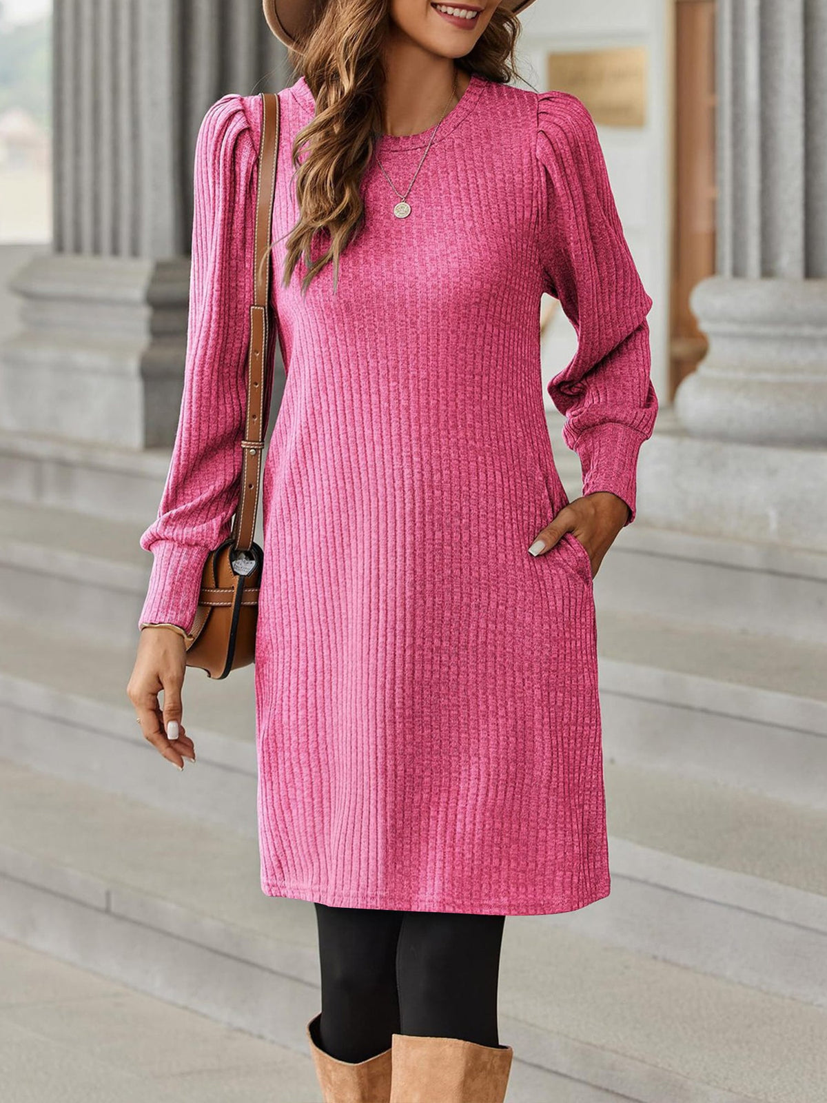 Solid Color Round Neck Puff Sleeve Pockets Midi Dress