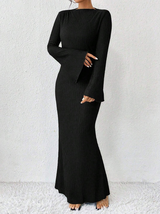 Boat Neck Trumpet Long Sleeve Textured Maxi Dress