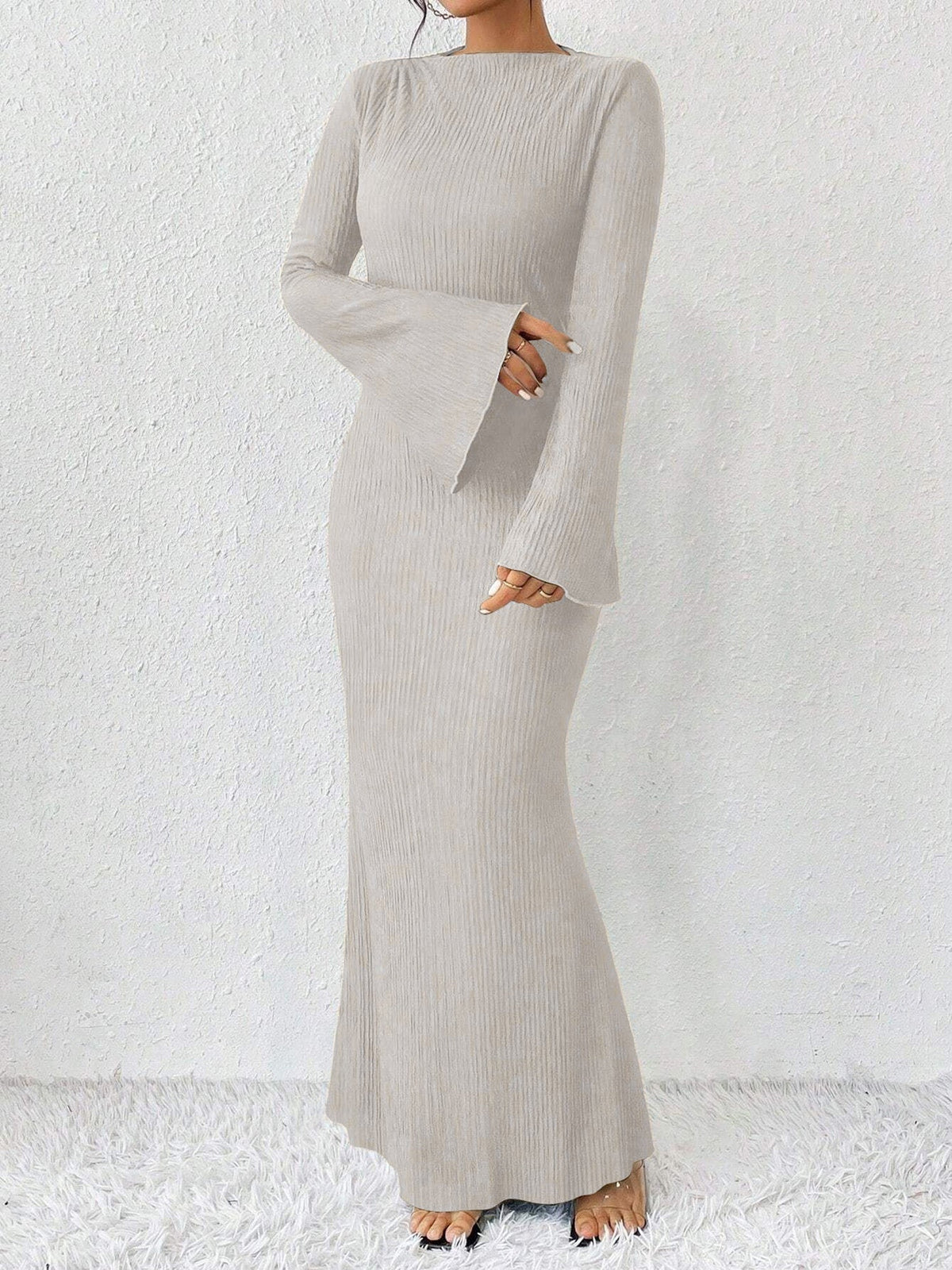 Boat Neck Trumpet Long Sleeve Textured Maxi Dress
