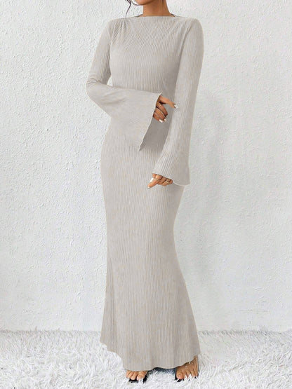 Boat Neck Trumpet Long Sleeve Textured Maxi Dress