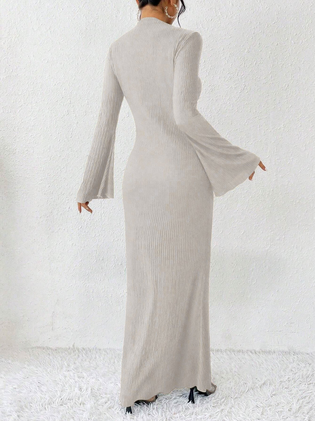 Boat Neck Trumpet Long Sleeve Textured Maxi Dress