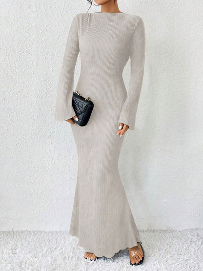 Boat Neck Trumpet Long Sleeve Textured Maxi Dress