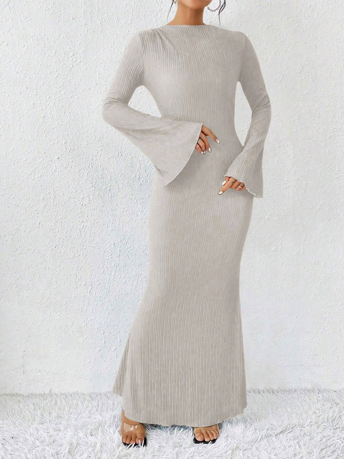 Boat Neck Trumpet Long Sleeve Textured Maxi Dress