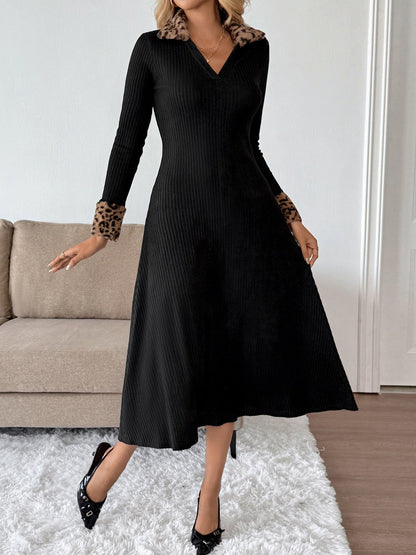 Faux Fur Leopard Patchwork Textured Midi Dress