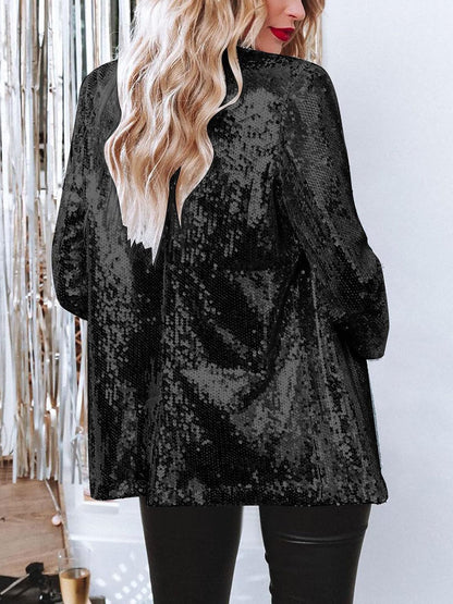 Notched Lapel Long Sleeves Sequin Open Front Jacket