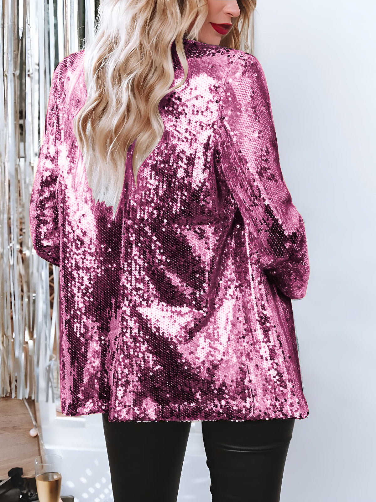Notched Lapel Long Sleeves Sequin Open Front Jacket