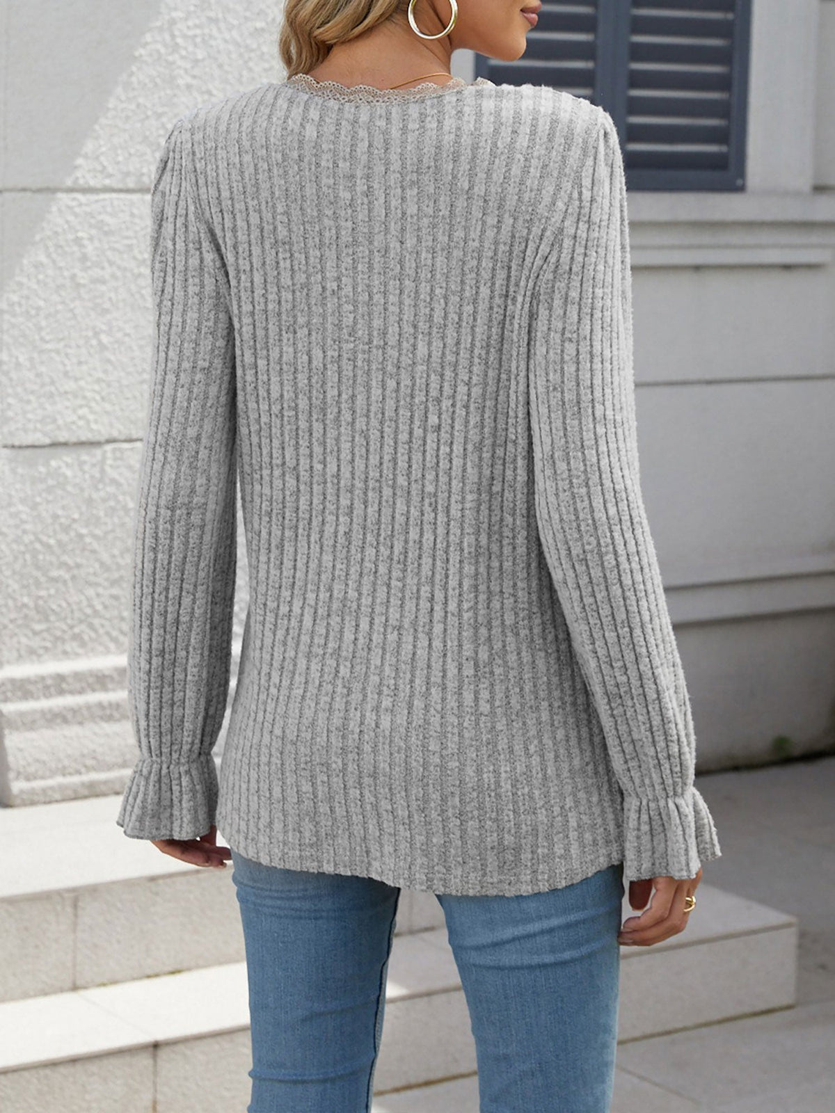 Solid Color V Neck Lace Trim Long Sleeves Blouse