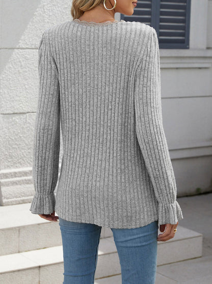 Solid Color V Neck Lace Trim Long Sleeves Blouse