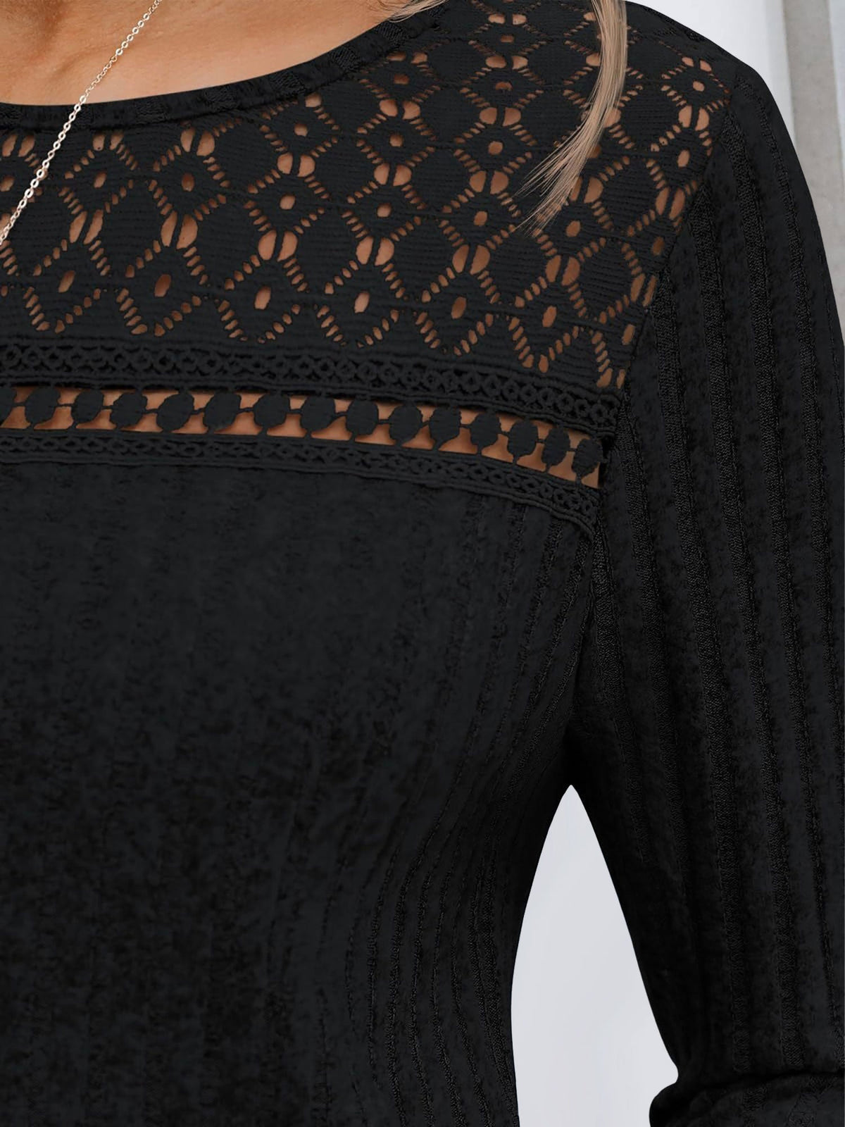 Round Neck Long Sleeves Casual Eyelet Blouse