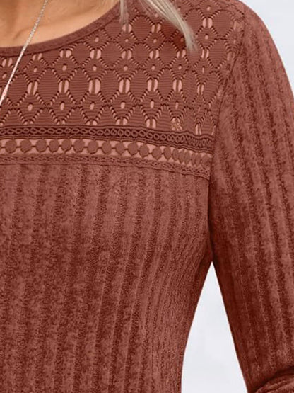 Round Neck Long Sleeves Casual Eyelet Blouse