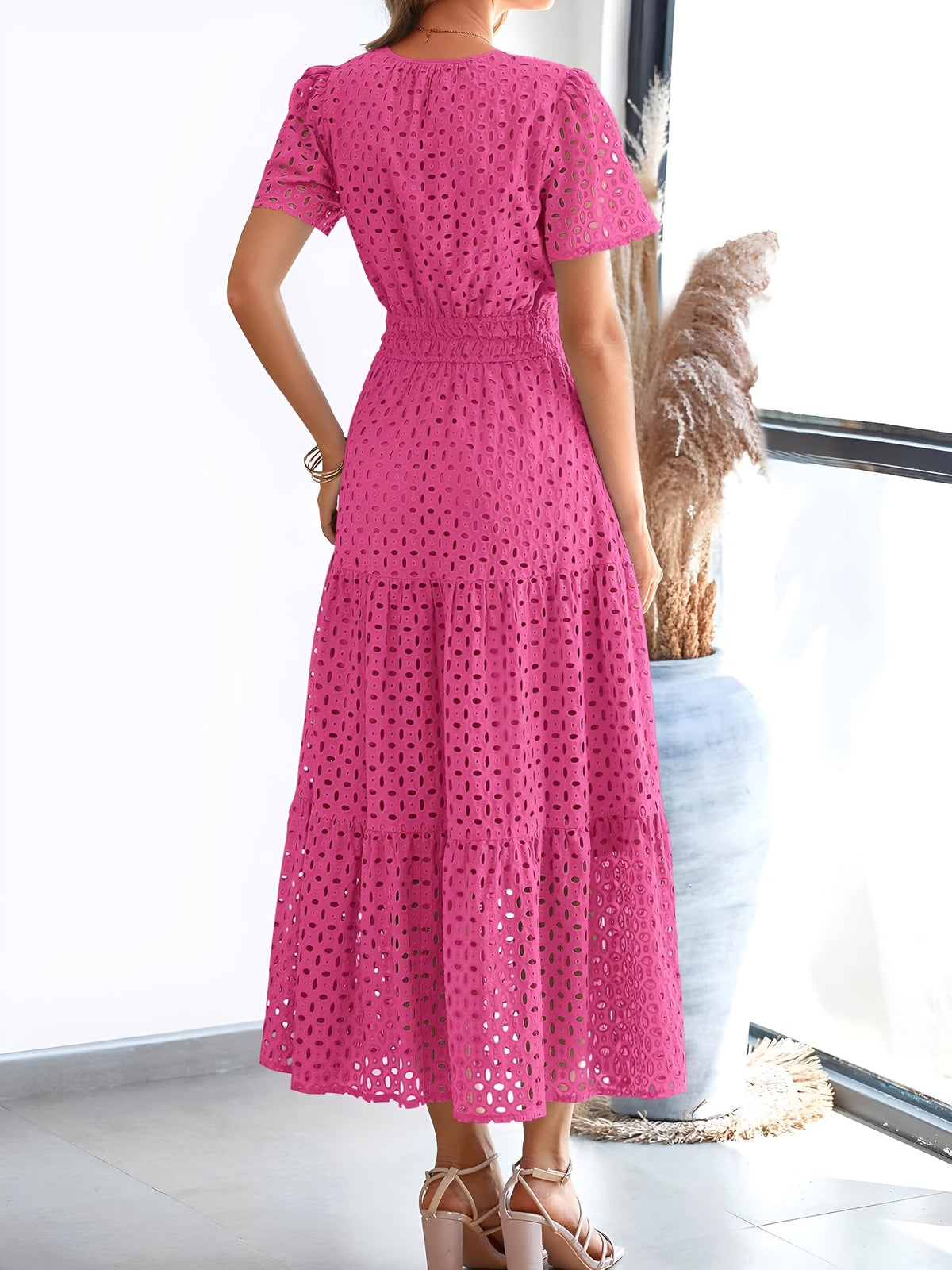 Notch Neck Short Sleeves Pockets Eyelet A-Line Tiered Dress