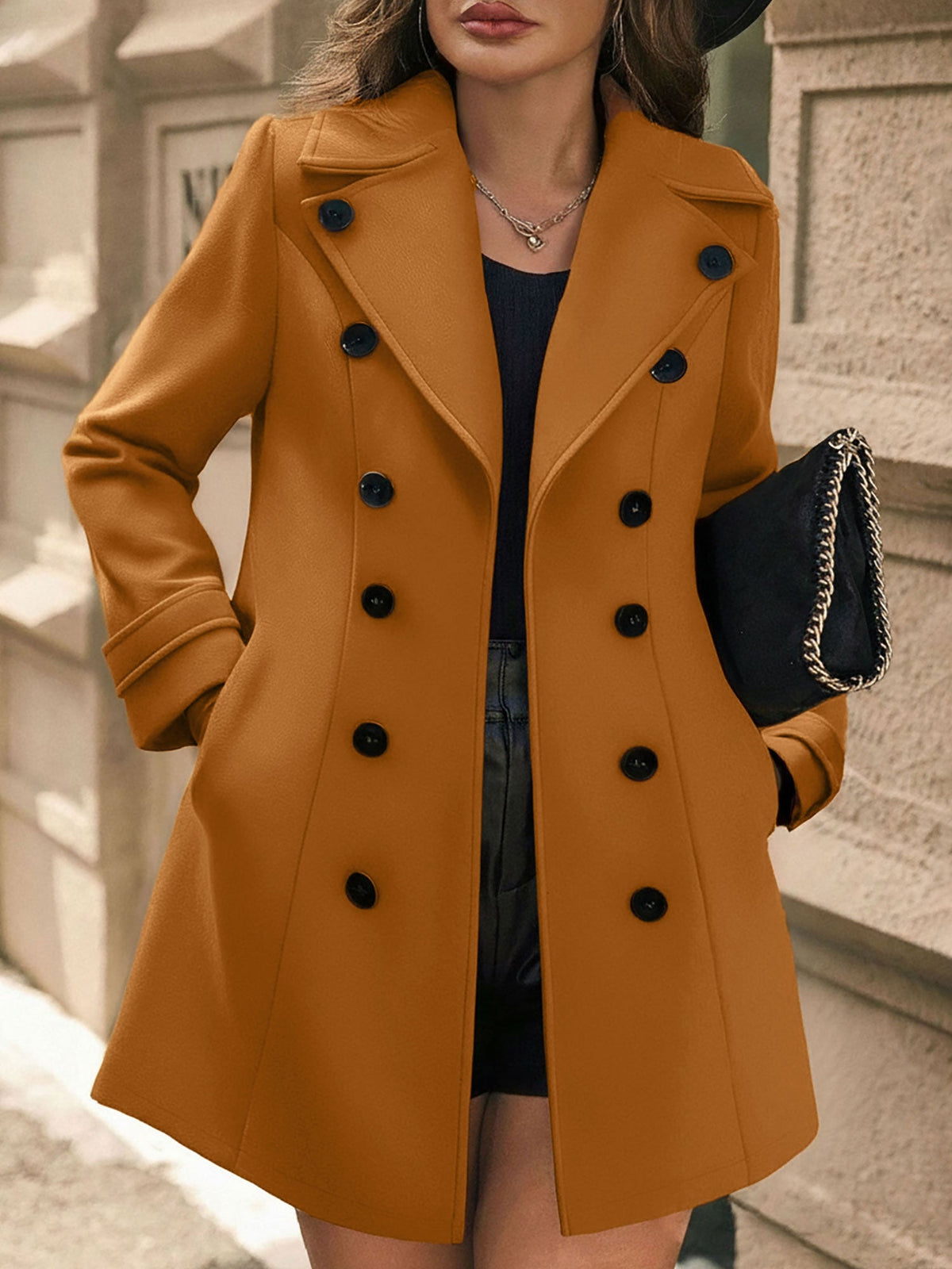 Notched Lapel Buttoned Decor Open Front Coat