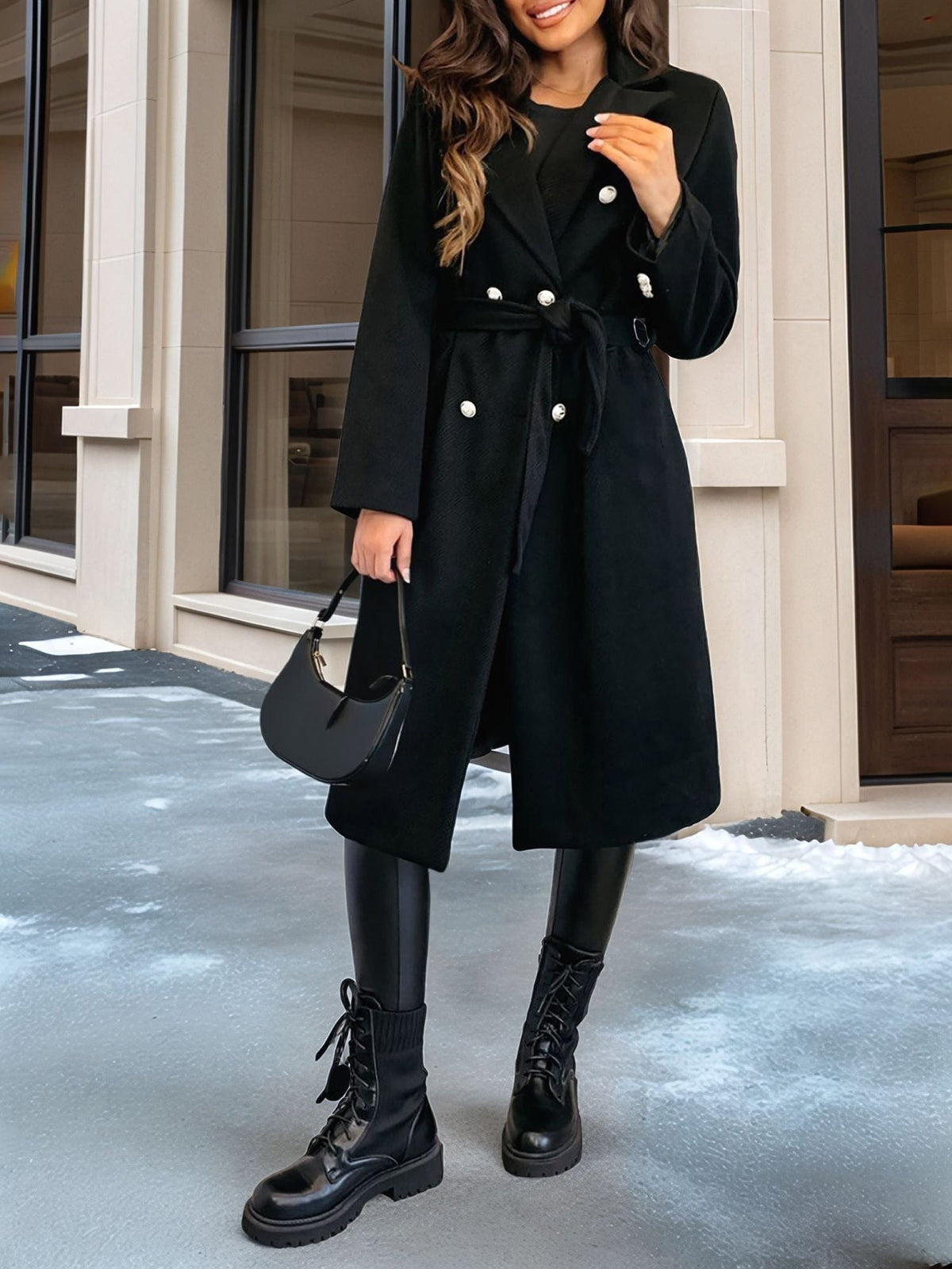 Solid Color Double Breasted Tie Front Belted Coat