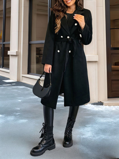 Solid Color Double Breasted Tie Front Belted Coat