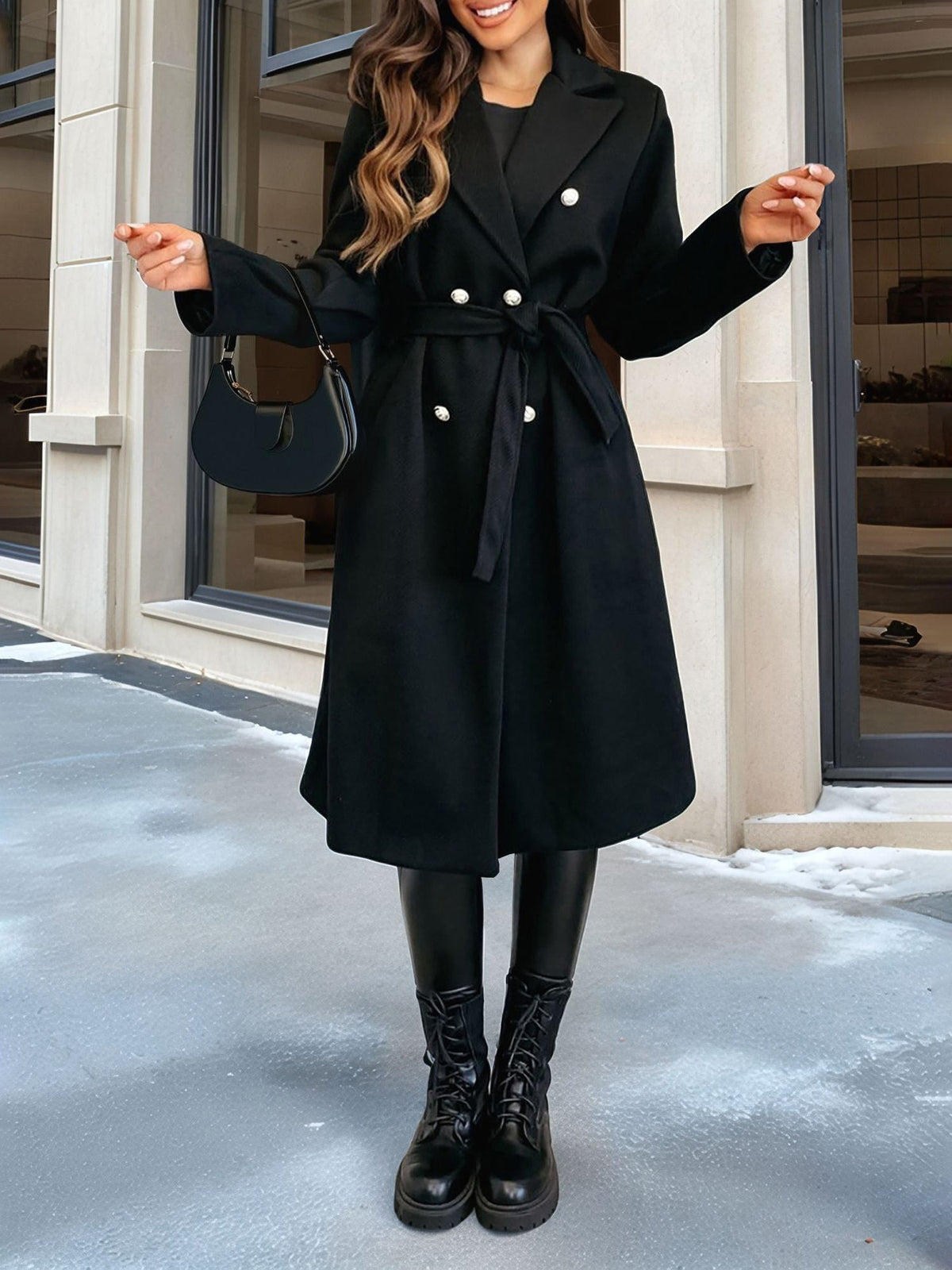 Solid Color Double Breasted Tie Front Belted Coat