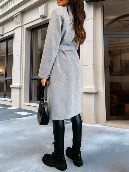 Solid Color Double Breasted Tie Front Belted Coat