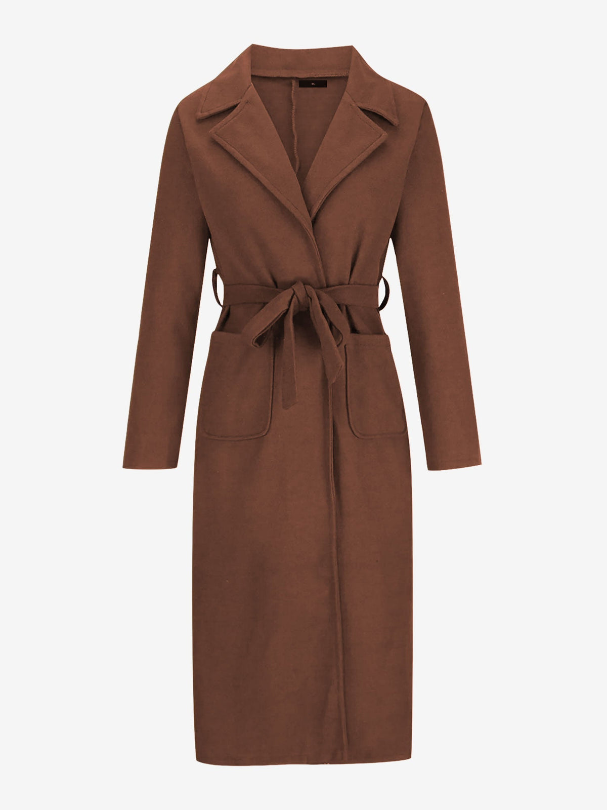 Notched Lapel Long Sleeves Pockets Belted Coat