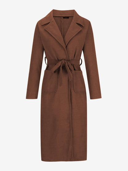 Notched Lapel Long Sleeves Pockets Belted Coat
