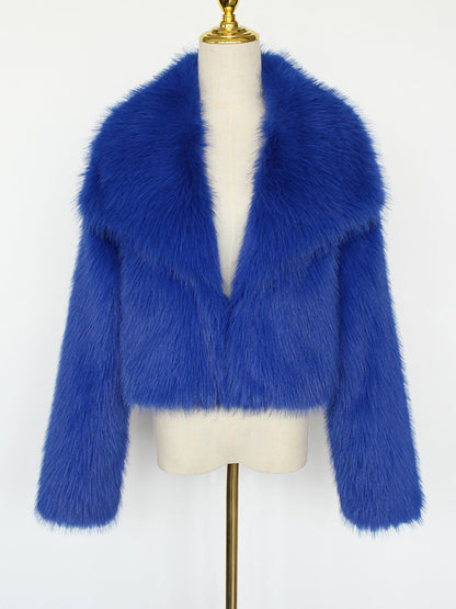 Collared Long Sleeves Cropped Faux Fur Coat