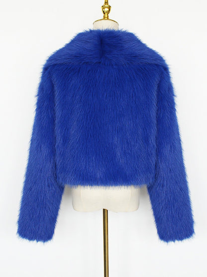 Collared Long Sleeves Cropped Faux Fur Coat