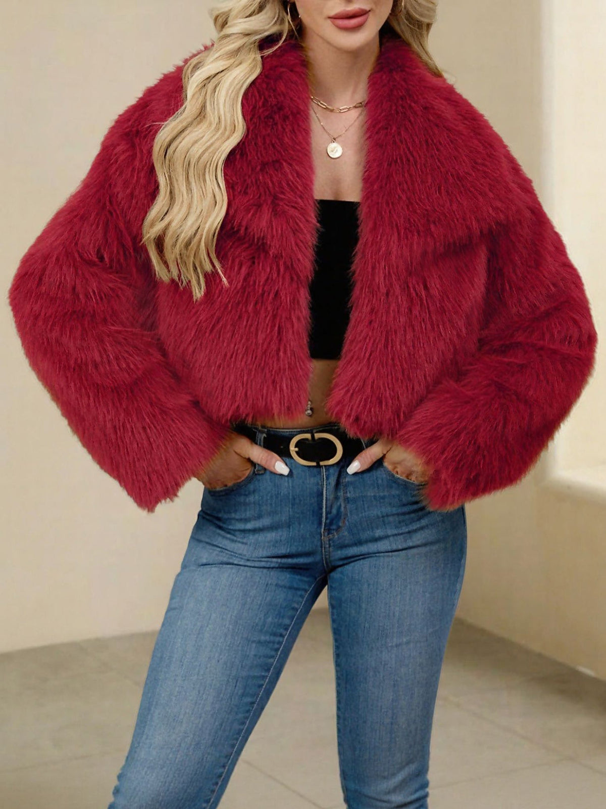 Collared Long Sleeves Cropped Faux Fur Coat