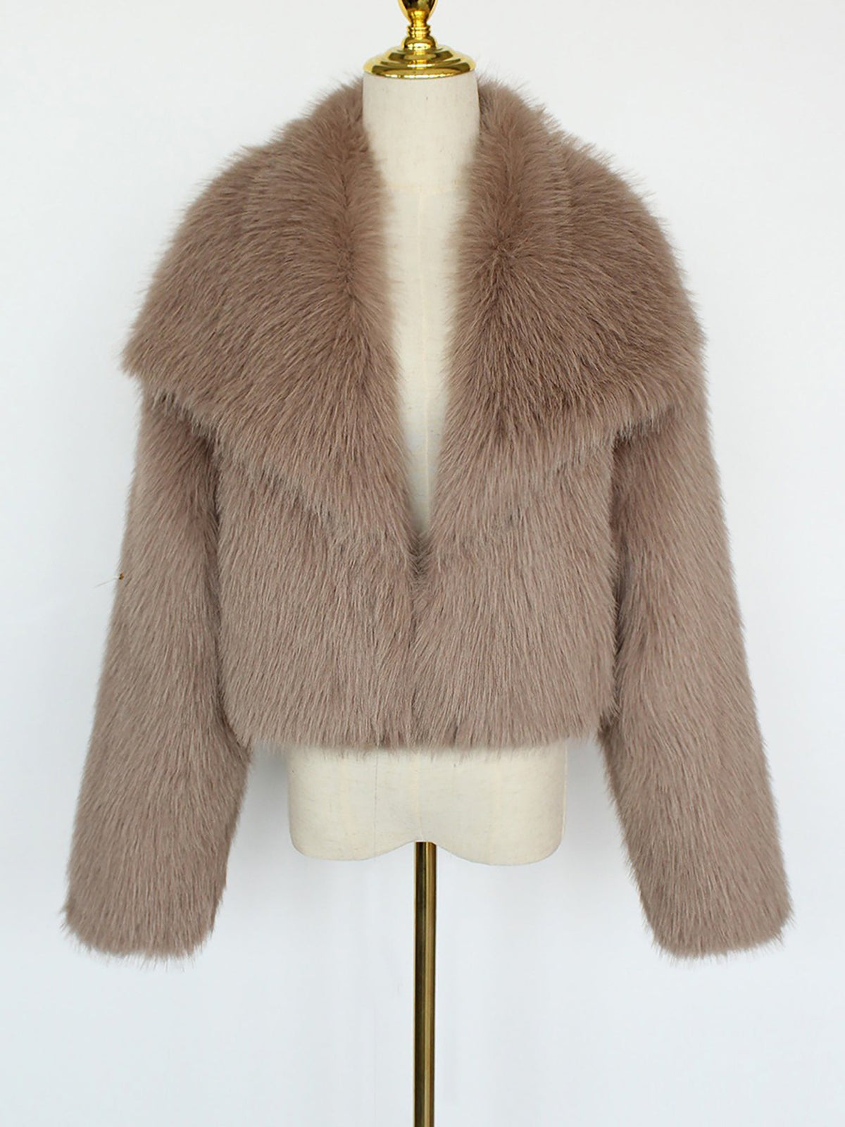 Collared Long Sleeves Cropped Faux Fur Coat