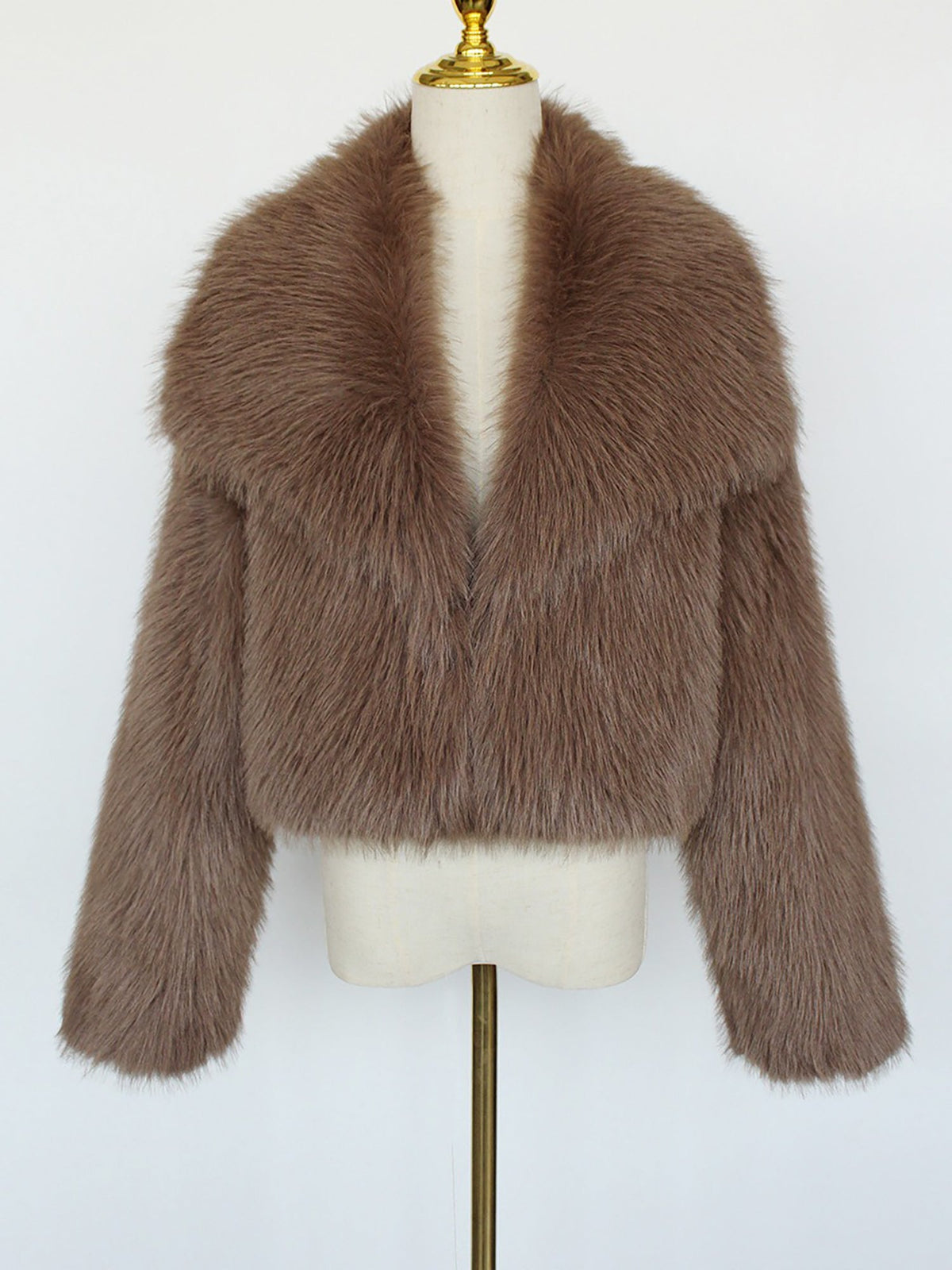 Collared Long Sleeves Cropped Faux Fur Coat