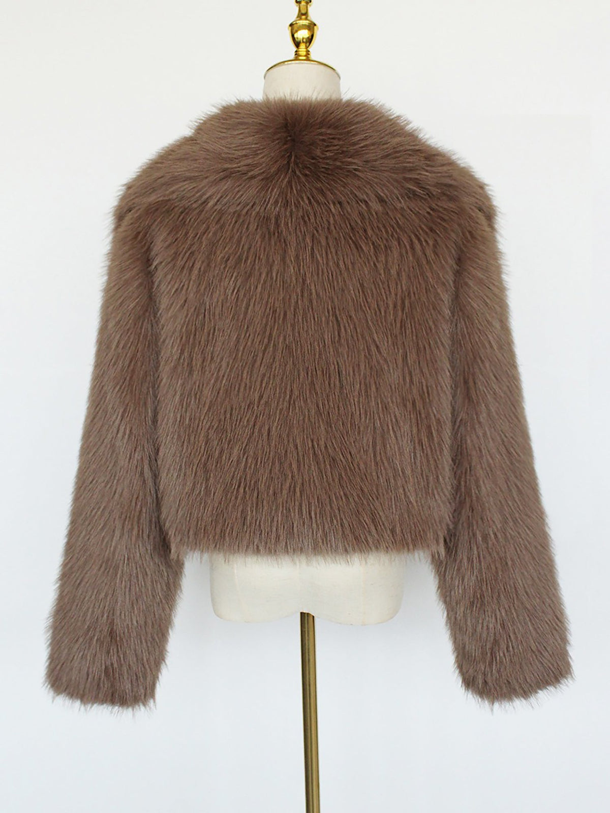 Collared Long Sleeves Cropped Faux Fur Coat