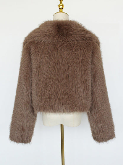 Collared Long Sleeves Cropped Faux Fur Coat