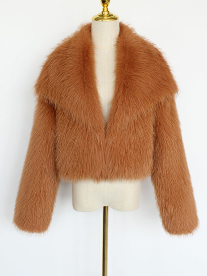 Collared Long Sleeves Cropped Faux Fur Coat