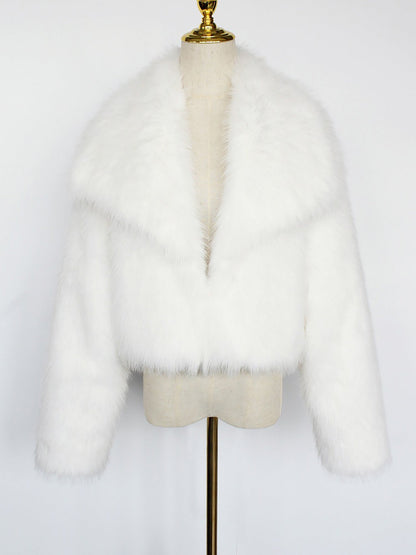 Collared Long Sleeves Cropped Faux Fur Coat