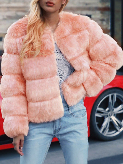 Casual Long Sleeves Solid Color Faux Fur Coat