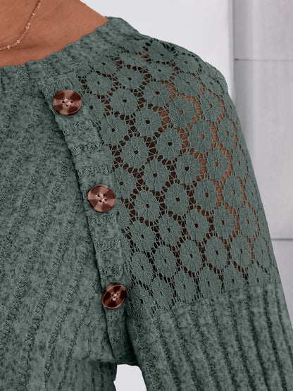 Solid Color Round Neck Buttoned Long Sleeve Blouse