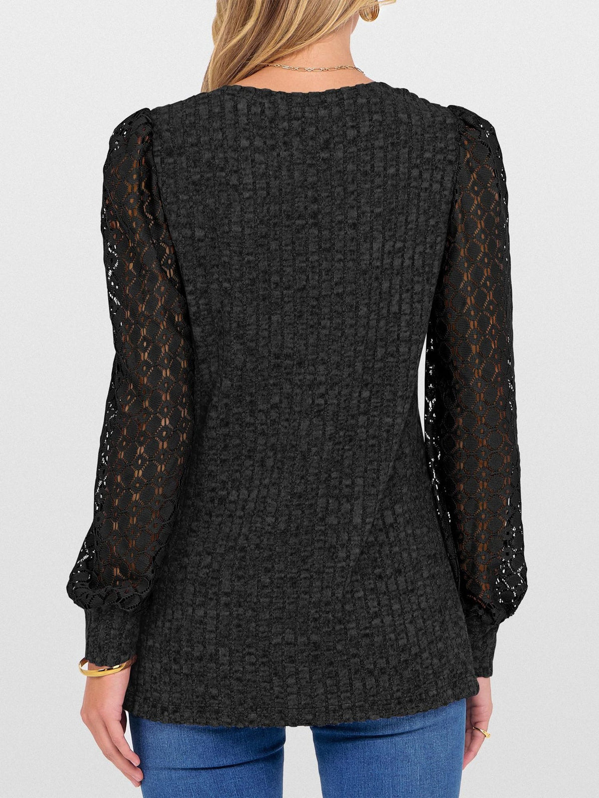 Lace Patchwork V Neck Puff Long Sleeves Blouse