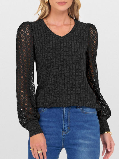 Lace Patchwork V Neck Puff Long Sleeves Blouse