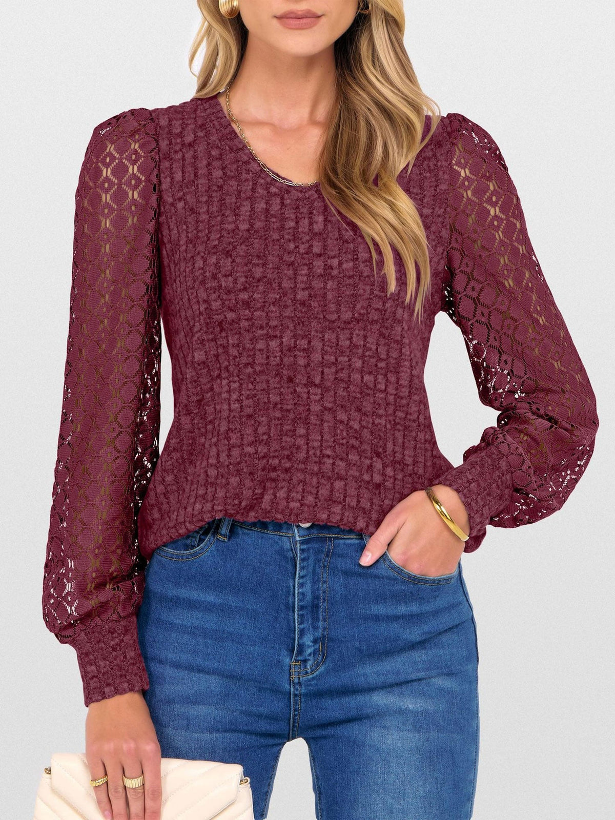 Lace Patchwork V Neck Puff Long Sleeves Blouse