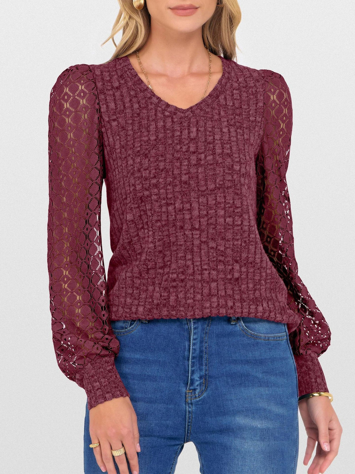 Lace Patchwork V Neck Puff Long Sleeves Blouse