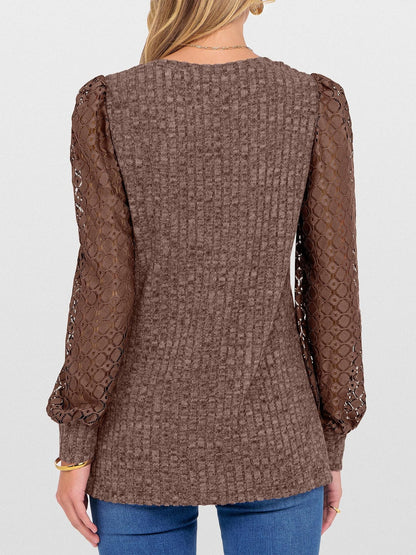 Lace Patchwork V Neck Puff Long Sleeves Blouse