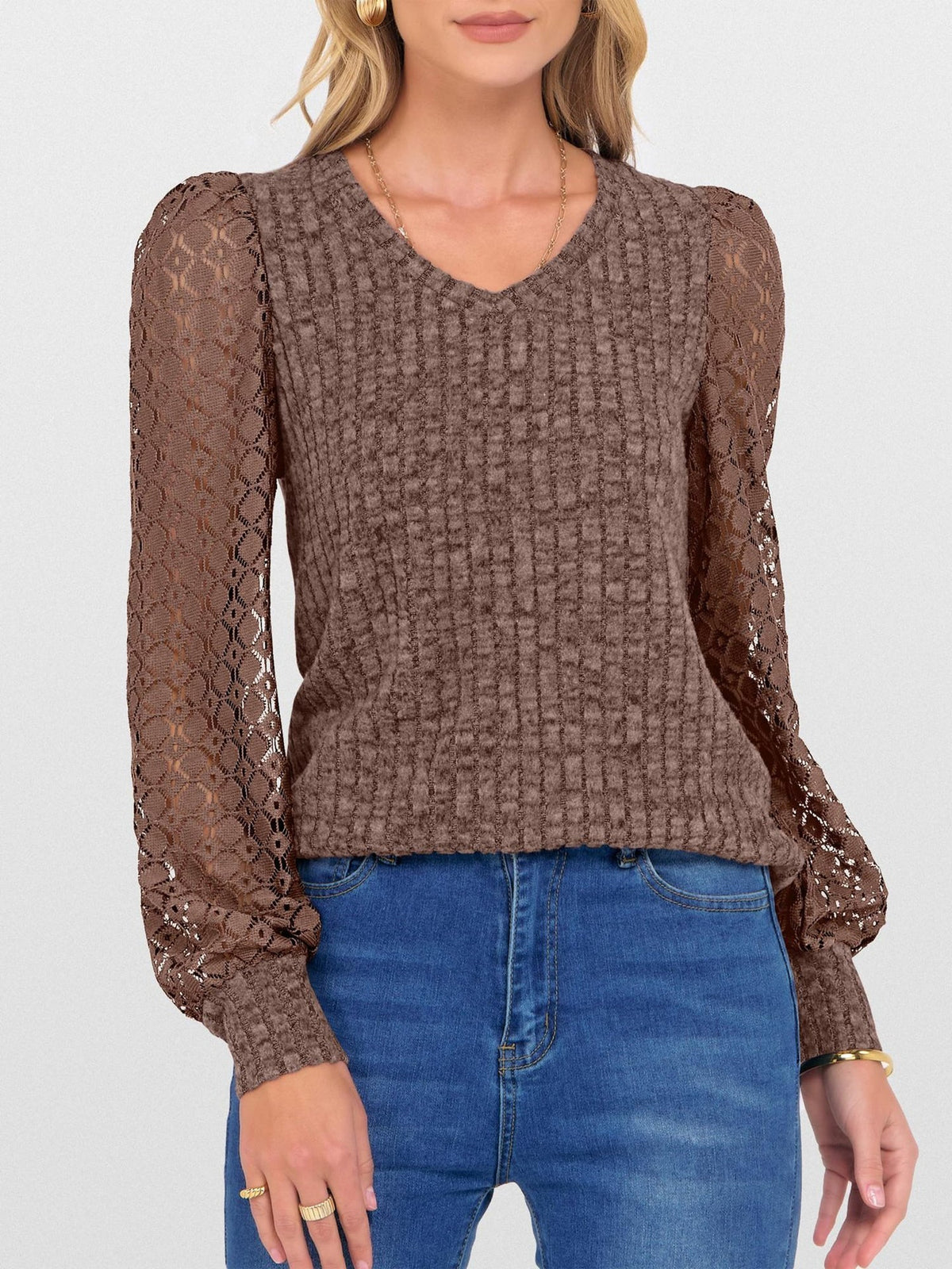 Lace Patchwork V Neck Puff Long Sleeves Blouse