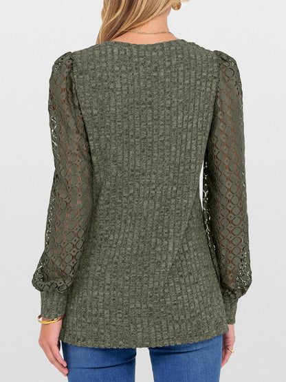 Lace Patchwork V Neck Puff Long Sleeves Blouse
