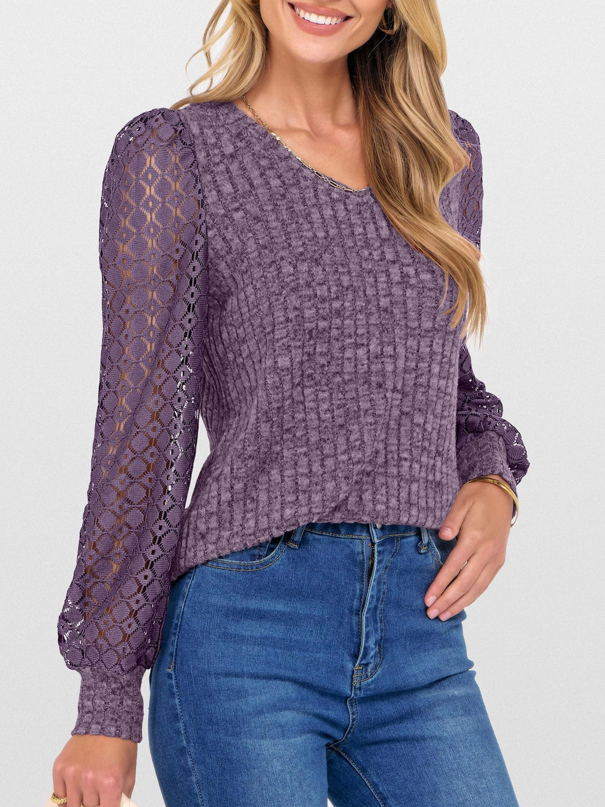 Lace Patchwork V Neck Puff Long Sleeves Blouse