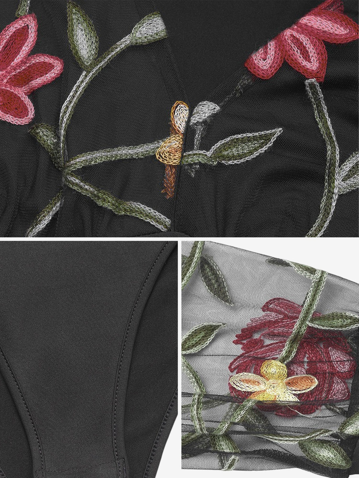 Floral Embroidered Mesh Long Sleeve V Neck Bodysuit