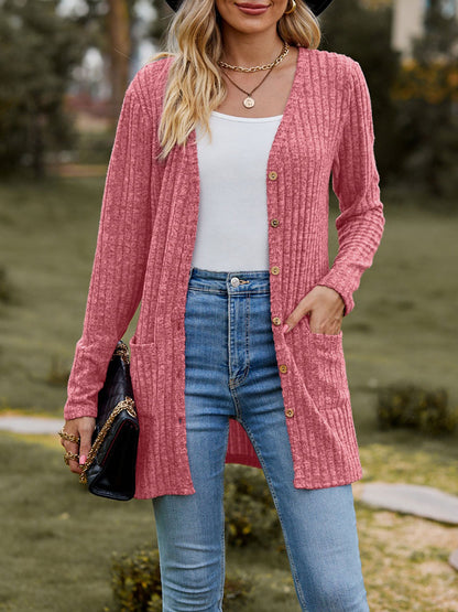 Solid Color Long Sleeve Buttoned Pockets Cardigan